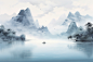 河水烟雾美术景色云雾水墨画插画图片