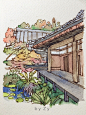 #水彩手绘# 日本庭院。再来次九图✧⁺⸜(●˙▾˙●)⸝⁺✧ 虽然不是平时的写实风，偶尔换种玩玩嘛~ （作者：  1080pZy君） ​ ​​​​