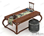 中式经典棕色实木长方形画桌米色竹子画黑色布艺圆凳桌椅组合