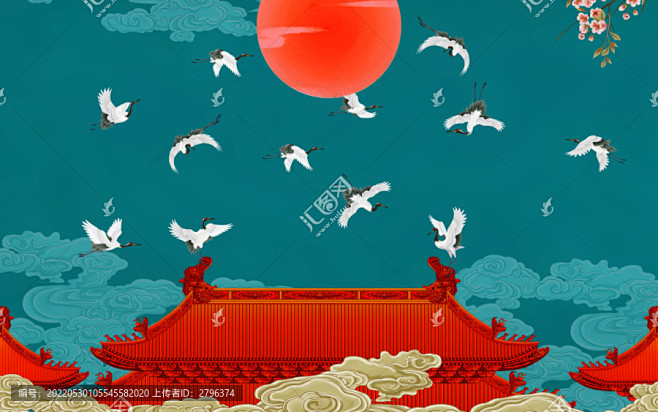 瑞鹤图背景墙高端壁画