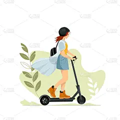 年轻女性人物用背包骑现代都市交通电动踢腿滑板车。活跃的潮人千禧一代使用生活生态技术。城市景观矢量图