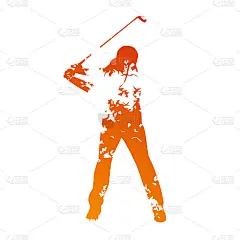 高尔夫球手，抽象的橙色矢量剪影。高尔夫挥杆。男性的高尔夫球手
