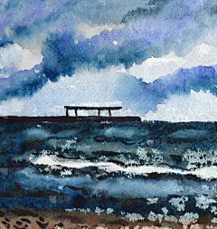 手绘水彩画海景。深蓝和灰色的多云，暴风雨的天空。海洋和海洋。沙滩。用于明信片、印刷品和海报。壁纸、社