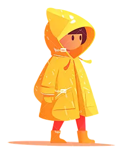 穿雨衣黄色雨衣红色运动鞋的小女孩草地模糊背景—田野上穿着黄色雨衣的快乐的人