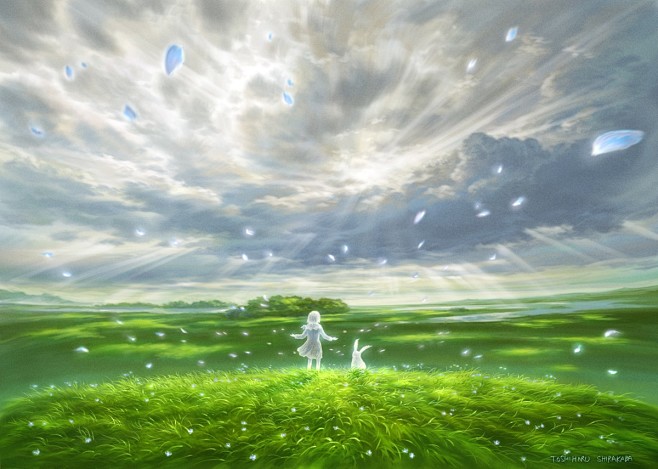 兔子云山水自然风的草地阳光风景优美的花瓣skyscapes动漫女孩的天空