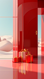 Red door and gold gift and present, in the style of clemens ascher, spatial concept art, yanjun cheng, light-filled compositions, high detailed, interior scenes, cartoon compositions