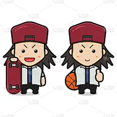 可爱的男孩手持滑板和篮球卡通图标矢量插图