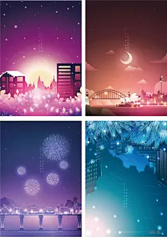 AI矢量素材唯美城市夜景剪影星空湖水海岸月亮灯光烟花插画 K92