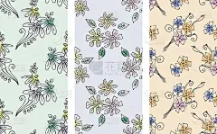 矢量套无缝花卉图案与花，叶，装饰元素，飞溅，斑点，drop手绘轮廓线和笔画素描风格，图形矢量绘图插图
