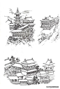 国画中房、山石、人物、树、水等不同物体的画法线稿，一一俱全