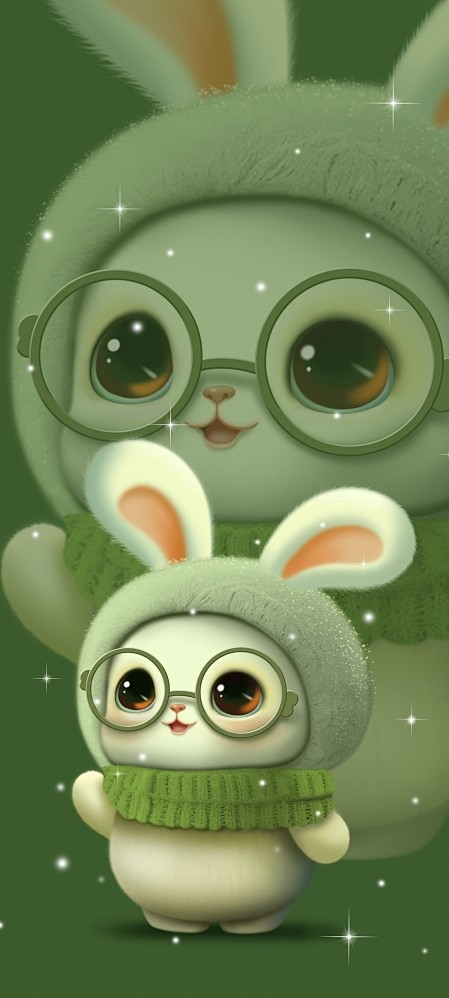 新年 绿色 可爱毛绒兔子 手机 壁纸