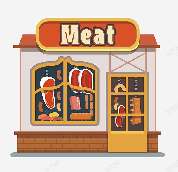 卡通扁平化肉店矢量图 矢量肉店商铺 元素...