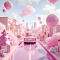 the road in the middle is for the car delivery gift box, a CGI-style rendring in pink cloud ading a plyful and surreal touch .