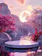 超现实主义的水景数字艺术，圆形大理石讲台矗立在水中，周围环绕着五颜六色的植物，背景是白色连绵起伏的山丘和巨大的圆形发光体。全息紫色和粉红色，C4D 渲染，糖果核 --ar 3:4 --v 6.0 --c 8 --s 200