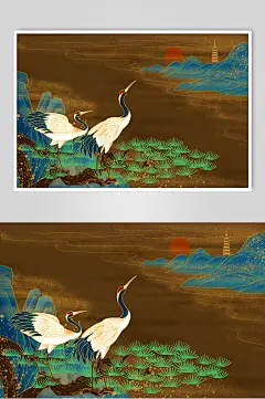 仙鹤褐色高端大气中式烫金风景插画