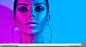 High Fashion model metallic silver lips and face woman in colorful bright neon uv blue and purple lights, posing in studio, beautiful girl, glowing make-up, colorful make up. Glitter Vivid neon makeup