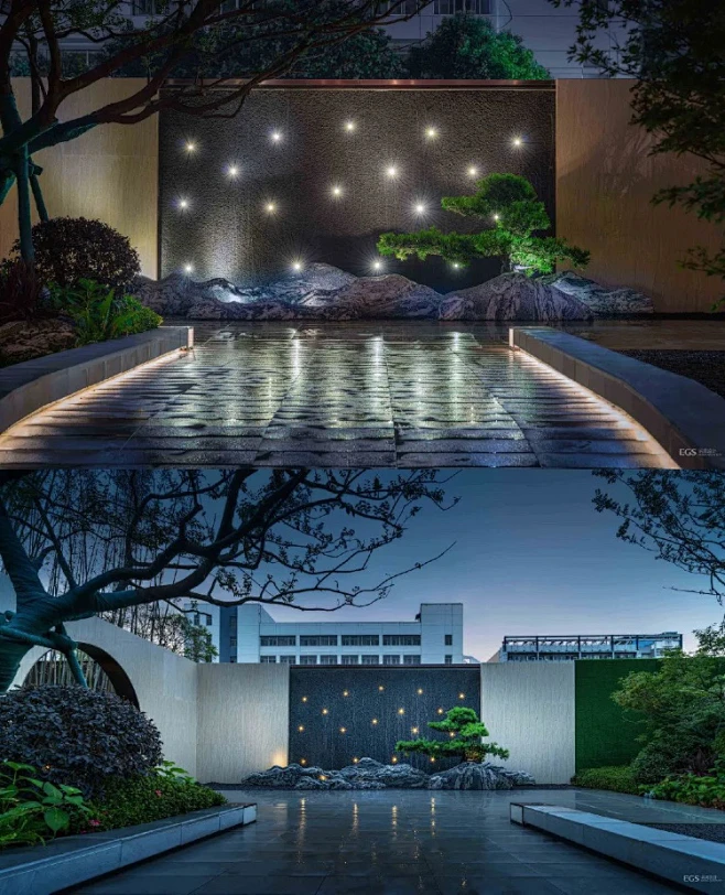 徐州龙湖·天玺 临境-山水禅院 未见其景，先闻水声，随即映入眼帘的是山峦造型的特色片石,在水景幕墙的映衬下，组成一幅山水画卷。-花瓣网