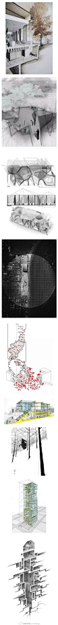 【好看的建筑分析图】丢开专业眼光，这些图纸依然具有很高的审美价值。光与影、虚与实，混乱中的秩序，发散下的集中，各具风格，别有韵味。