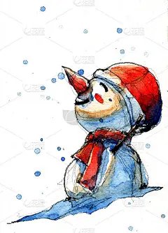 快乐的雪人站在冬天的水彩画插图