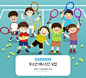 男孩女孩学校操场网球练习儿童插画