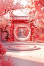 A cute 3D cartoon illustration, a circular square in the front, the background is fashion chinese building, 3D Pixar style, bright light, minimalist, low-angle, grand Spring Festival celebration,vibrant stage backdrop