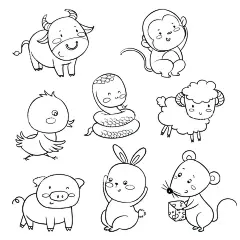 卡通动物线稿  - 源文件下载【酷图网】卡通,线稿,牛,猴子,蛇,鸡,羊,猪,老鼠