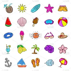 乱画,季节,海滩充气球,浮标,西瓜,柠檬,海星,贝壳,绘画插图,凉拖鞋