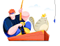 Fishing row river ocean sea water boat fishman fishing fish bird kitten kitty cat boy man people character illustration