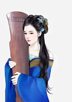 抱着琴的古风长发美女手绘免抠素材_新图网 https://ixintu.com 古风 美女 长发