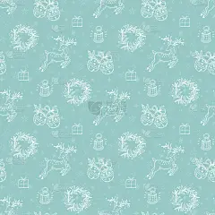 圣诞快乐的背景。假日矢量无缝模式。手绘涂鸦圣诞驯鹿，铃儿响叮当，圣诞花环，礼盒。冬天的假期。新年壁纸