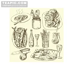 手绘食物素材#手绘##食物##矢量##素材##手绘##食物##蛋糕##鱼##美食##奶酪##酒杯#