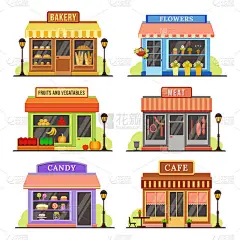 平坦的商店。现代商店, 精品店面和餐厅门面设计。商店卡通插图集