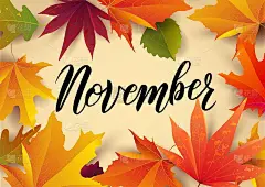 11月的词。手写字体排版与秋天的叶子。矢量插图作为海报，明信片，贺卡，邀请模板。11月广告概念