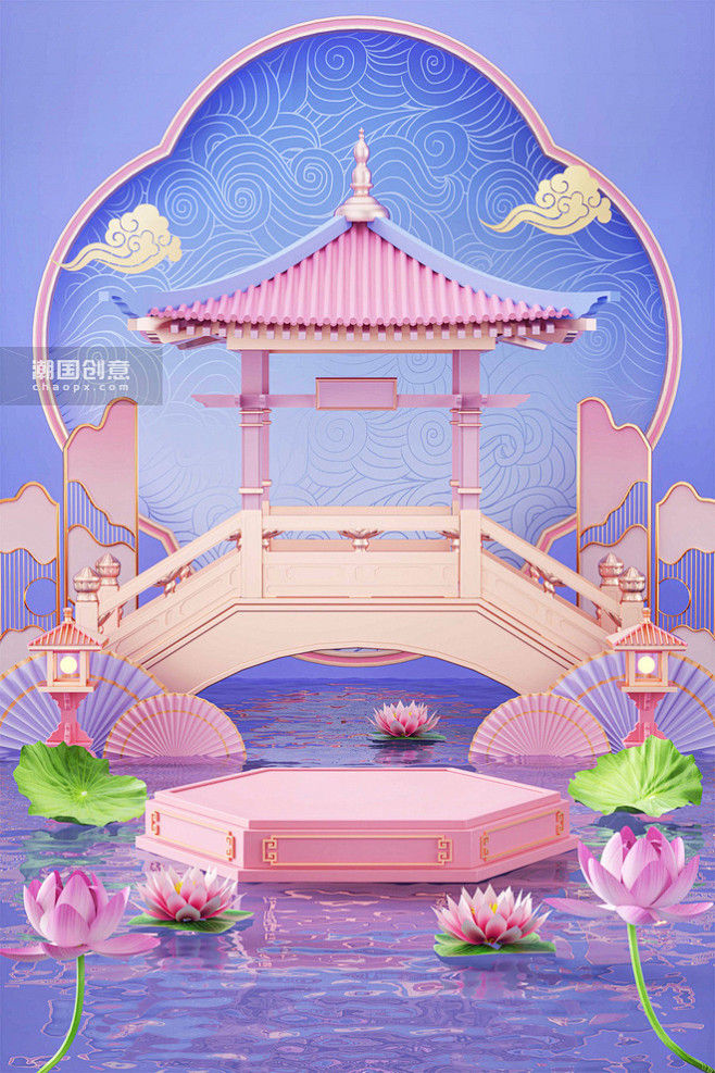 3D紫色七夕c4d电商产品展台鹊桥中国风...