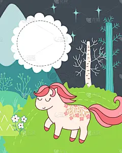 可爱的,乱画,贺卡,草坪,清新,植物群,小马,公园,模板,草