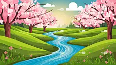 Ai产生的 河 花朵 春天 树木 景观 自然 樱花 天空 云