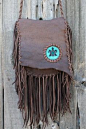 Gypsy crossbody purse with beaded turtle totem Handmade leather crossbody bag with fringe