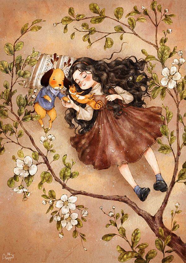 韩国插画师Aeppo‘森林女孩’插画欣赏...