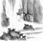中国风格。山上的瀑布。背景与山脉。墨山。黑白图像。水墨中国山水。山在雾中。山上有树。