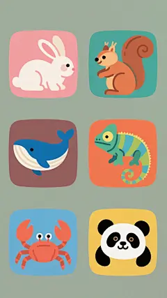一系列6个不同元素的插画集合，每个元素都以统一的插画风格呈现，背景为纯色，整体色彩进行了变换，元素类目保持一致，规整排布，画面中包含兔子、鲸鱼、松鼠、变色龙、螃蟹和熊猫，每个元素都具有清晰的轮廓和简洁的线条，色彩鲜艳明快，细节丰富，整体构图平衡，视觉效果和谐统一。