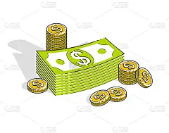 现金、美元堆和硬币、美分堆在白色的背景孤立。矢量三维等距商业和财务插图，细线设计。