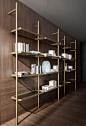 Hector : Molteni Hector bookcase in black oak finish, . Design by Vincent Van Duysen. Composed by 4 wall mounting uprights height 3150mm, 11 shelfs 831mm and depth 350mm, 2x cases 831x350x460mm. Thanks to the different sizes of the shelves and the mo