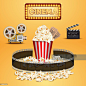Realistic popcorn on orange background, popcorn concept in cinema and entertainment in cinema. Realistic popcorn on orange background, popcorn concept in cinema and entertainment in cinema. 3D popcorn for Poster design, advertisement, web banner, billboar