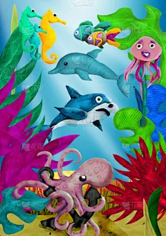 水下,三维图形,海洋生命,儿童插画,垂直画幅,无人,海马,绘画插图,海豚,鲨鱼