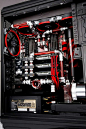 Black red computer tower pc liquid cooled setup case: 