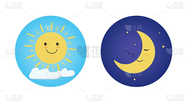 白天和黑夜。可爱的阳光微笑的卡通人物。月亮睡觉。孤立的白色背景。矢量图素材-花瓣网