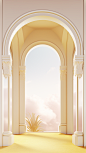interior room with an archway and a large window, in the style of light white and light gold, lee broom, colorized, trompe-l'œil illusionistic detail, incisioni series, light yellow, thomas cole