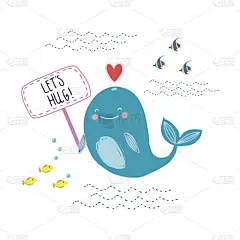 字母报价，我是大和善良的一个可爱的鲸鱼在海浪上。围绕星星和下降。可爱的打印海报，面包，卡