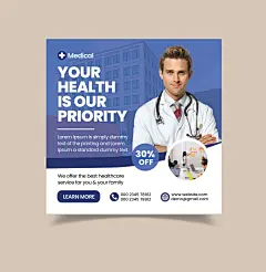 This may contain: a medical flyer with a doctor on the front, and an image of a building in the background