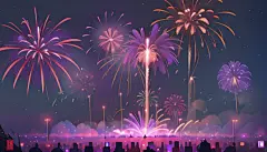 夜晚唯美紫色新年烟花插画AI数字艺术